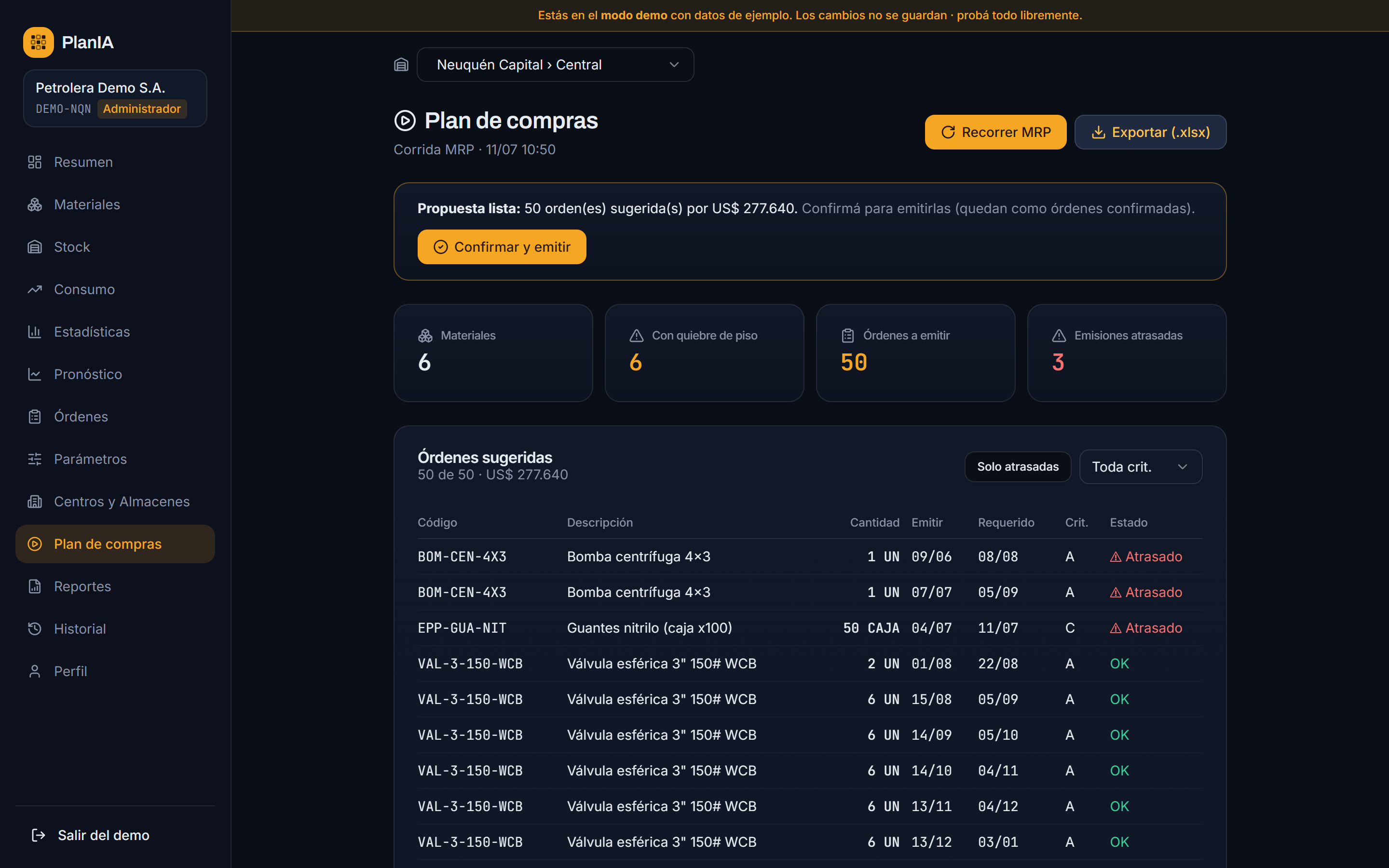 Plan de compras de PlanIA — propuesta de órdenes generada por el MRP